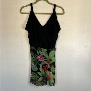 EUC Floral Black Dress with Tropical Print Skirt One Piece Swimsuit sz 1X